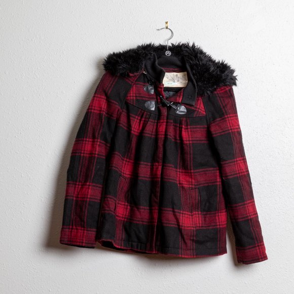 UO Kimchi Blue - Red/Black Plaid Fur Jacket - Picture 2 of 5